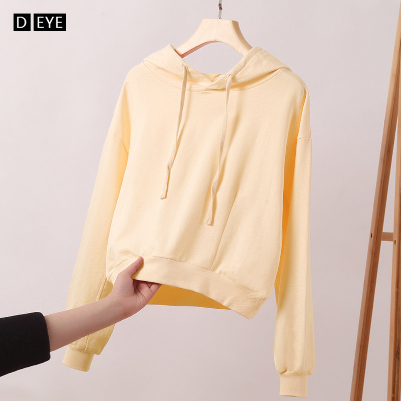 Cream yellow short hooded sweatshirt women's 2022 spring and autumn Korean version loose short stature pure cotton thin coat