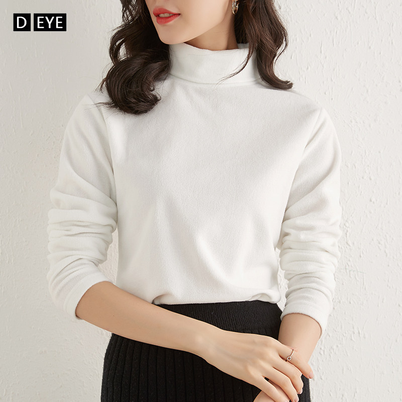 Fleece base shirt women's autumn and winter high collar high collar white inner fleece top Foreign school thin section plus velvet autumn coat