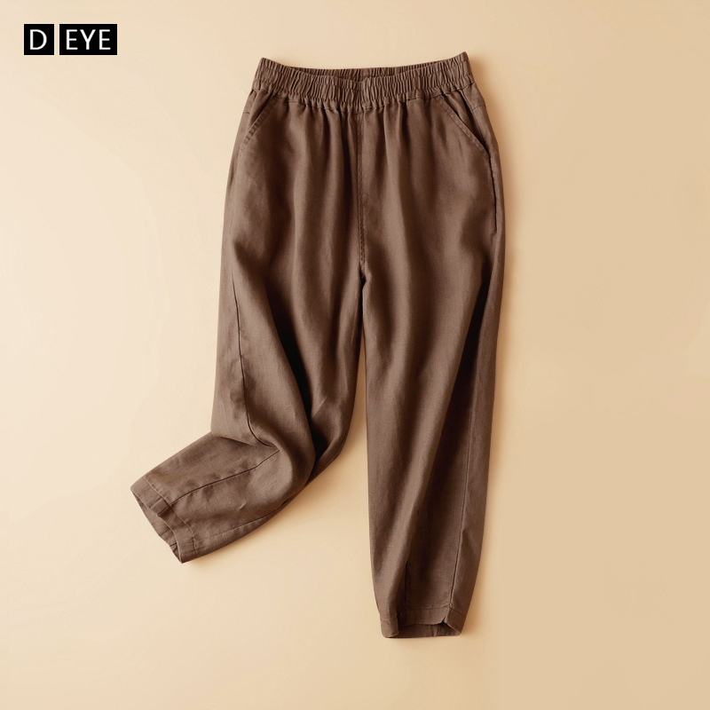 Brown Linen Capri Pants for Women, Summer Sports Casual Elastic Waist Slimming Carrot Pants, Thin Linen Material, Eight-Tenths Length Pants
