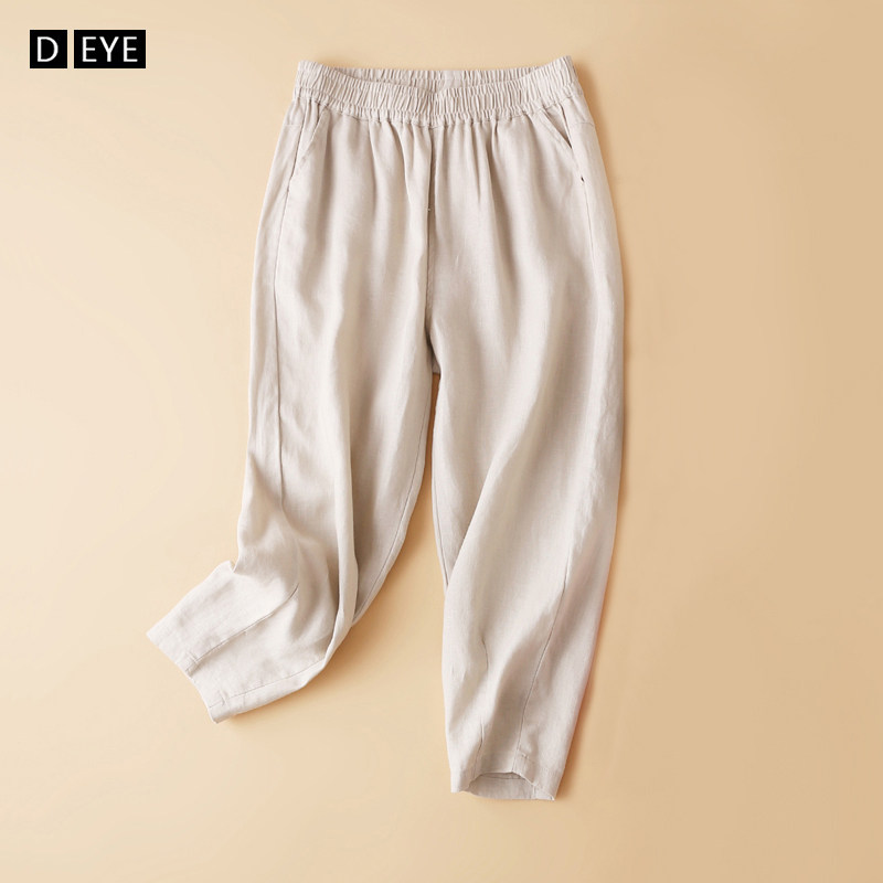 Pure Linen Cropped Pants Women's Summer Thin Section 2022 New Sports and Leisure Hemp Elastic Elastic Cotton Linen Eight Pants