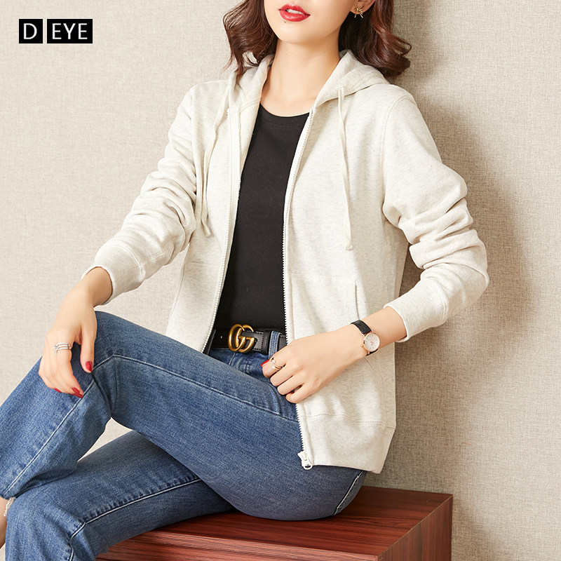 Zipper sweater women's 2021 spring and autumn new sports casual loose Korean version long-sleeved pure cotton hooded cardigan jacket