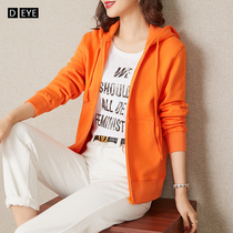 Orange Sweater Womens Cardigan Spring and Autumn Sports Leisure Cotton Top Hooded Zipper Orange Thin Hoodie Jacket