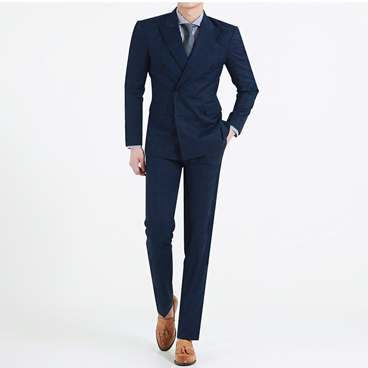 Deep Blue Grid suit suit for men style Han version Business dress custom married groom professional clothing