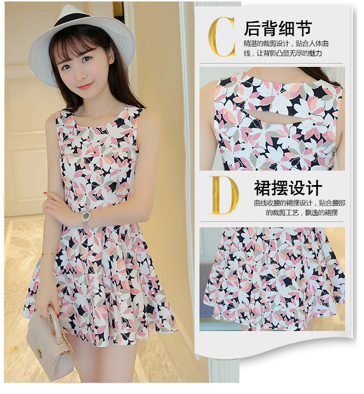 2018 Hàn Quốc phiên bản của mùa hè mới không tay in dress Một từ váy ngọt eo hoa ngắn vest váy phụ nữ váy xòe xếp ly