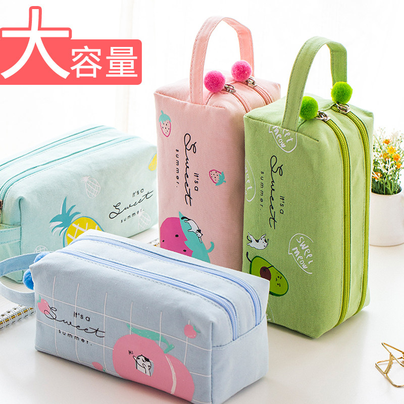 Large capacity Zipper pen bag Korean simple hipster cute cartoon students male canvas stationery bag ins Japanese girl heart junior high school students Korean creative multi-functional high school student Pencil Case