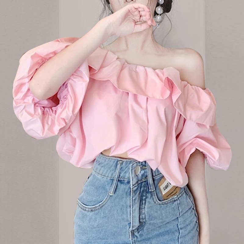 Elegant Off-The-Shoulder Ruffle Blouse for Women, Summer Design, Niche Short Style, Puff Short Sleeves, Off-Shoulder Top