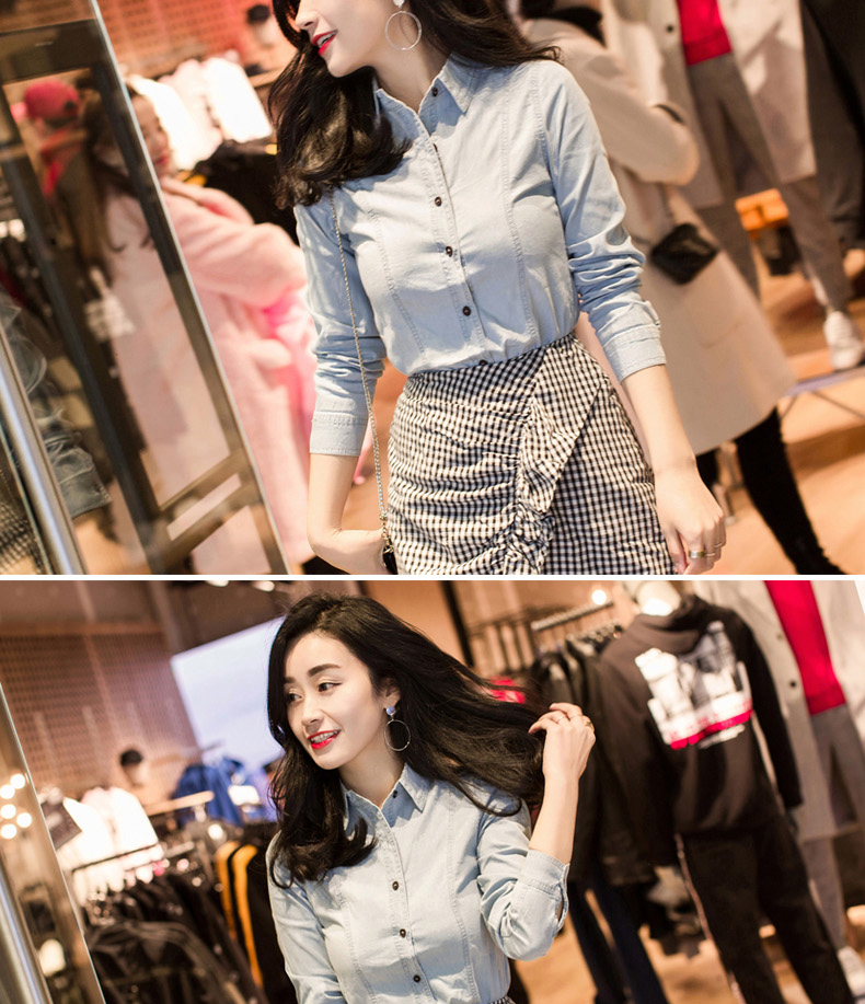 Áo sơ mi nữ denim tay dài phiên bản Hàn Quốc 2017 xuân mới cotton sơ mi denim nữ giản dị mới 2018 áo công sở đẹp