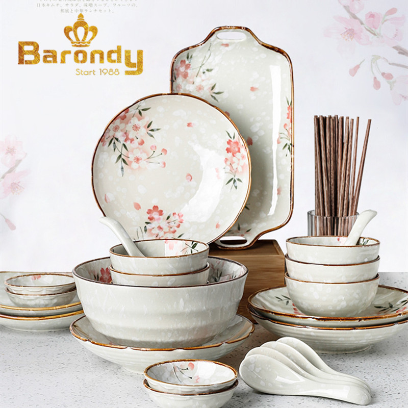 Barondy Plate Set Sakura Hand-painted Multi-person Tableware Japanese-style Ceramic Gifts Home Plate High-end Housewarming