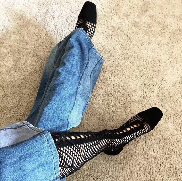 Tide ring B prepared the gai god instrumental square head coarse heel summer net boots high heel black frosted cave long boot tide