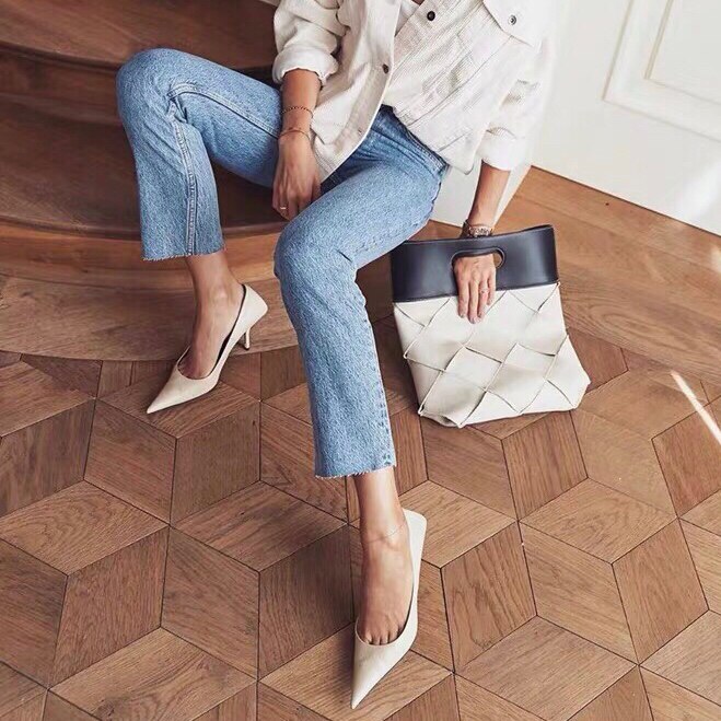 Heavy-pound gas field fracking series ~ white pointed high heel shoe genuine leather shallow mouth temperament thin with European and American single shoe tides