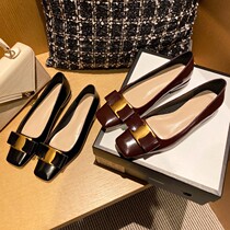 High quality ~ Almighty 100 lapped square head shallow mouth women shoes spring Butterfly junction single shoe Bull Lacquer Leather Wine Red Flat Bottom Shoes