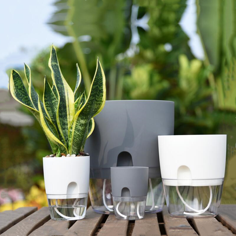 Gold Ge potted plant plastic double layer transparent small number round free watering automatic suction sloth flower pot white