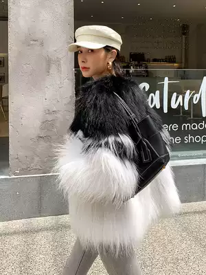 UPFURS Korean version of imported whole leather white raccoon hair woven fur coat female contrast color thin coat short long-sleeved