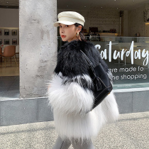  UPFURS Korean version of imported whole leather white raccoon hair woven fur coat female contrast color thin coat short long-sleeved