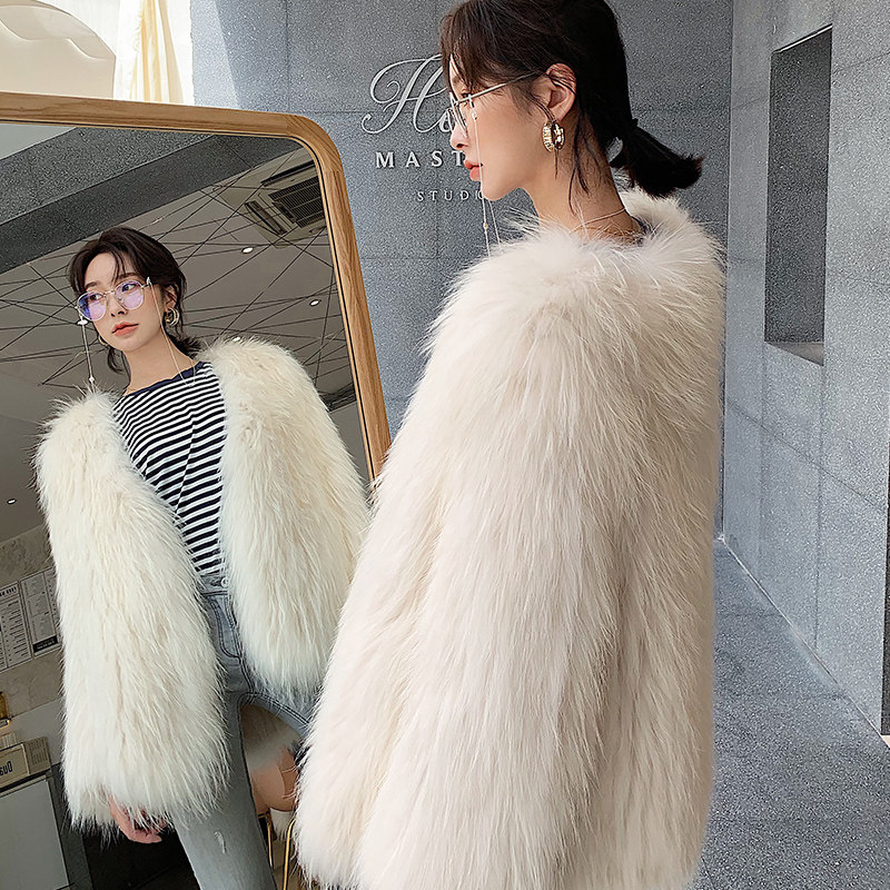 Raccoon fur bifacial woven fur straw jacket woman medium long version long sleeve V collar encryption thickened Hainen 2021 winter coat