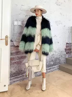 Raccoon hair woven fur coat women's medium and long version contrast European and American style young fashion style age reduction 2020 new winter