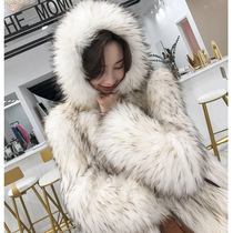  Raccoon hair braided fur coat womens short hooded Korean long-sleeved hat fox hair 2021 new Haining