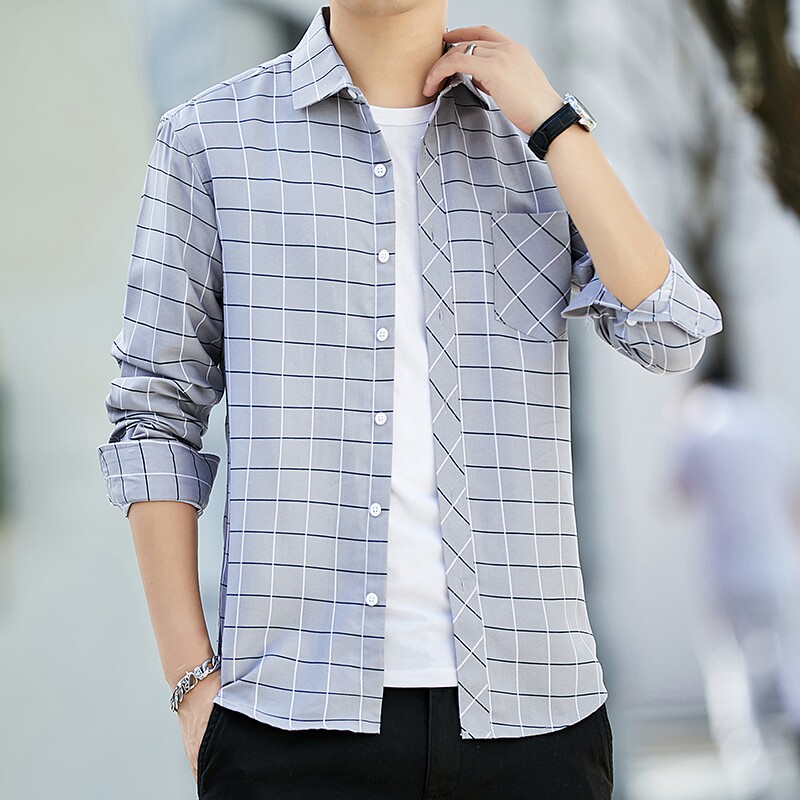 Teen Shirts Men Business Positive Dress Casual Free Ironing plaid striped shirt Comfortable Standing Collar Long Sleeve Pocket Tide
