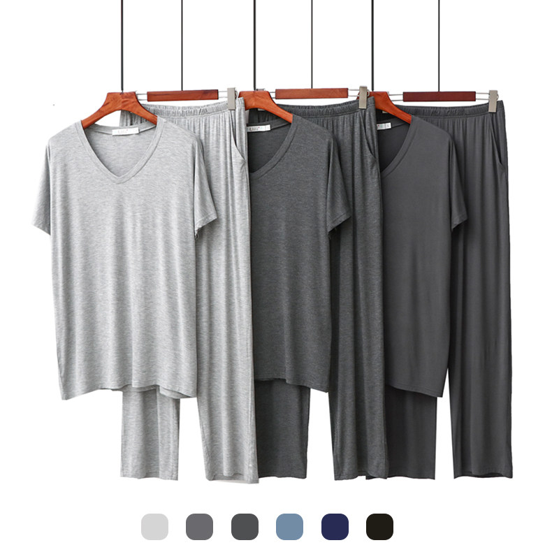 Modal spring and summer pajamas men's round neck casual short-sleeved trousers men's V-neck V-neck elastic homewear suit
