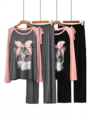 Pajamas female autumn modal casual trousers long sleeve cat print home suit