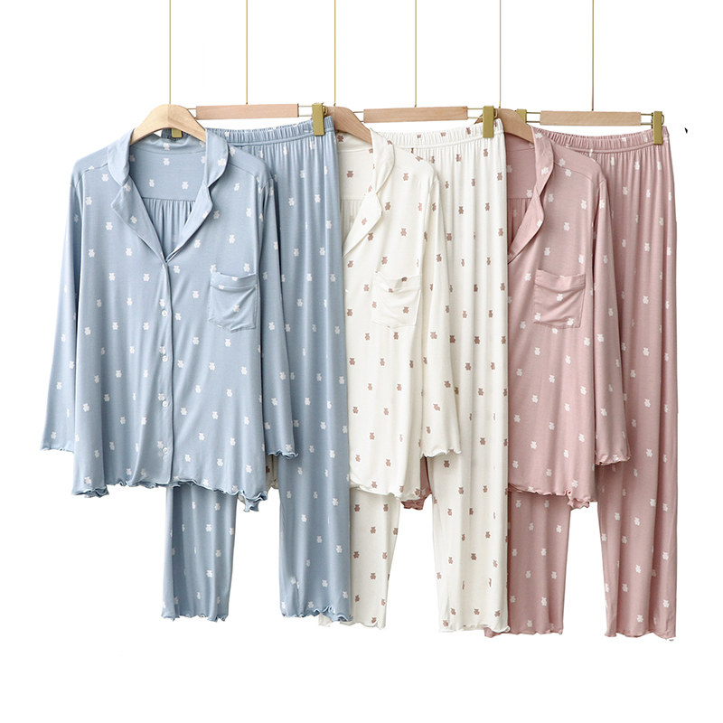 Pajamas Woman Autumn Casual Modee Cardiovertresses Turtlenecks Trousers Long Sleeves Small Bear Printed Home Conserved Spring Autumn Suits