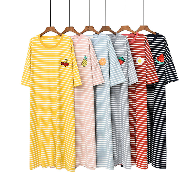 Pure Cotton Sleeping Skirt Woman Summer Casual Short Sleeve Striped Round Collar Big Code Loose Fat MM Home Skirt Sleepwear Long Skirt-Taobao