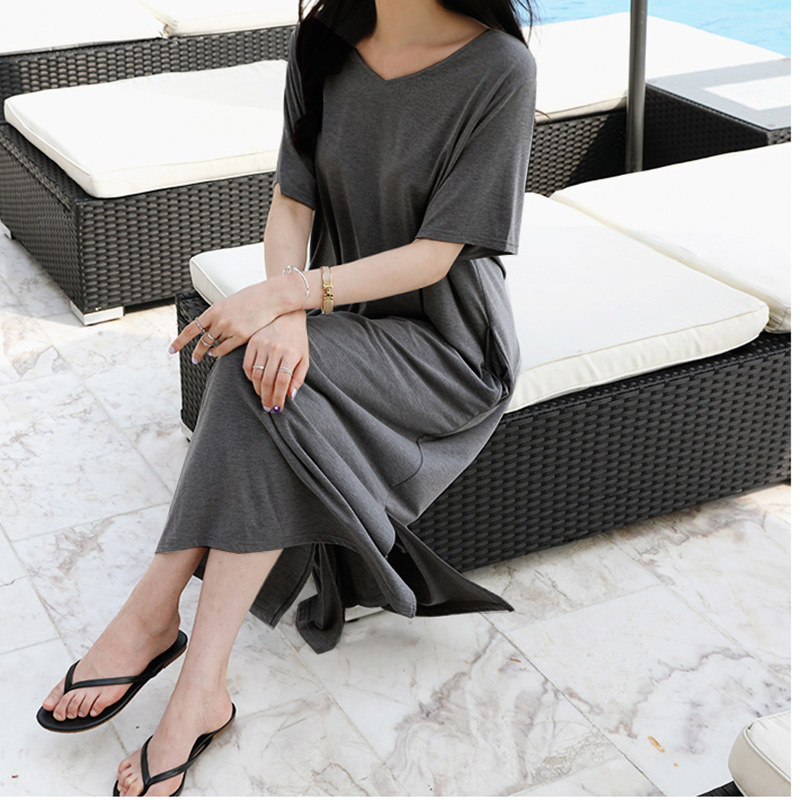 Sleeping Skirt Woman Summer Casual Short Sleeve Modell Spring Summer Long Dress Home Skirt Pyjamas V Tie Hood External Wear