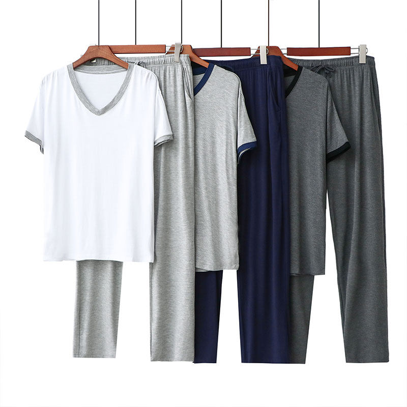 Modale men's sleepwear loose suit Male short sleeve long pants V neckline head casual home for spring and summer