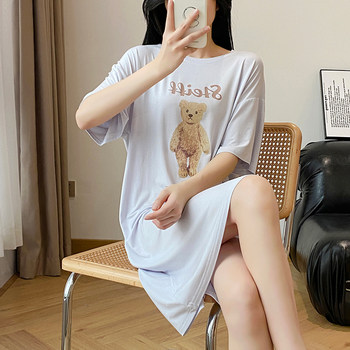 2025 nightdress for women summer modal short-sleeved mid-length skirt cartoon letter bear print home skirt spring summer pajamas
