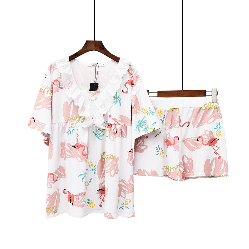 Welfare cotton pajamas women's summer cotton thin shorts short-sleeved flamingo print homewear suit