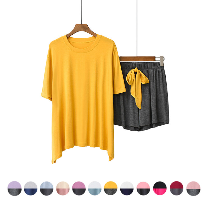 2020 women's summer thin pajamas modal round neck loose simple suit short-sleeved shorts hit color home clothes