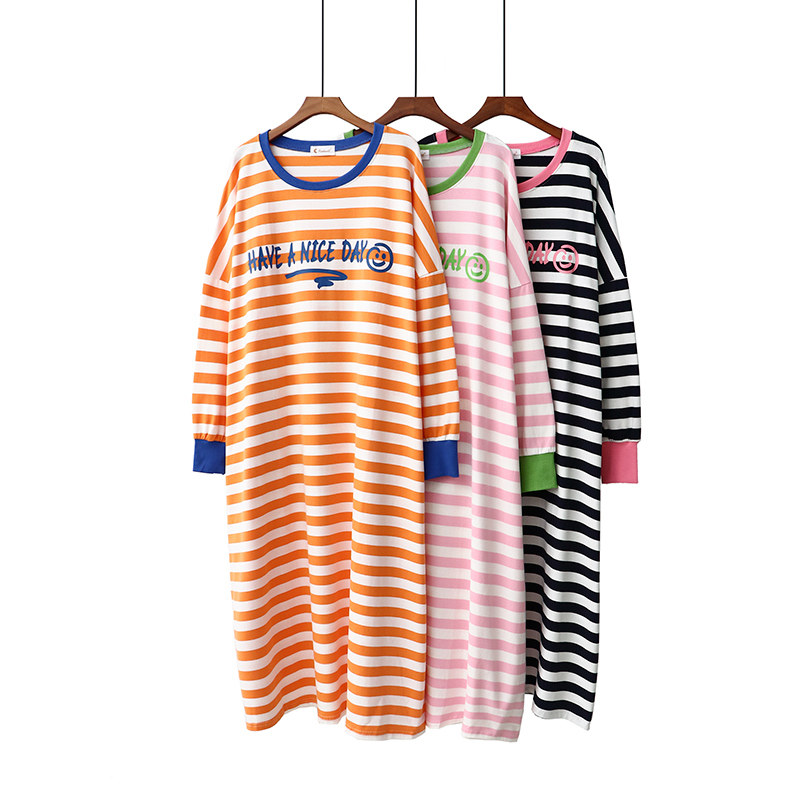 Pure Cotton Large Size Size Sleeping Skirt Woman Autumn Casual All-cotton Striped Long Sleeve Long Skirt Large Version Fat MM Spring Autumn Sleeping Clothing Home Dress