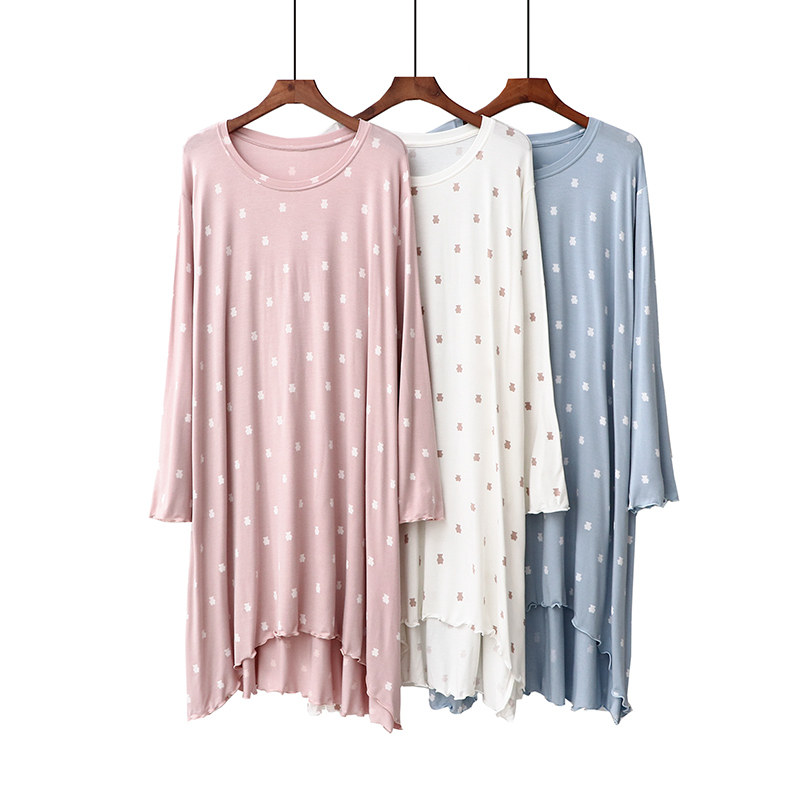 Sleeping Dress Woman Autumn Mordale Long Sleeve Round Collar Midlength Skirt Small Bear Printed Home Skirt Minimis Spring Autumn Pyjamas