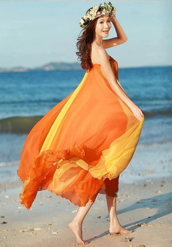 Đầm lụa vàng nửa dài mùa xuân đôi màu sắc phù hợp với áo ba lỗ xếp li cổ tích bãi biển hai chiếc váy xòe lớn mùa hè - Váy chân váy xếp ly cho người thấp