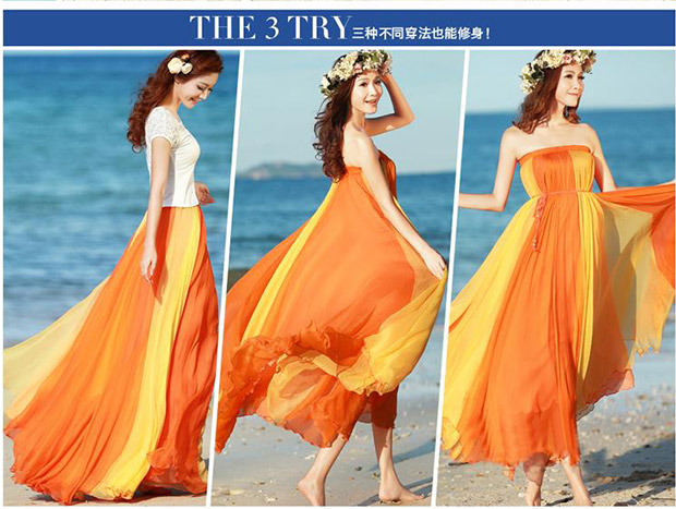 Đầm lụa vàng nửa dài mùa xuân đôi màu sắc phù hợp với áo ba lỗ xếp li cổ tích bãi biển hai chiếc váy xòe lớn mùa hè - Váy chân váy midi dài