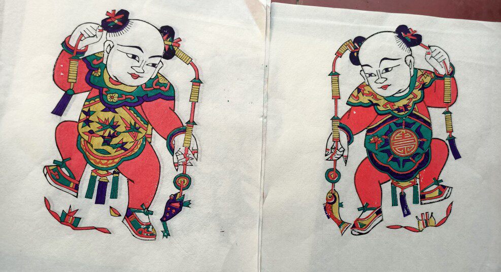 Zhuxian Town Woodblock New Year Pictures New Year's Lucky Fortune Lucky Boys Open the Market and Open for Gifts