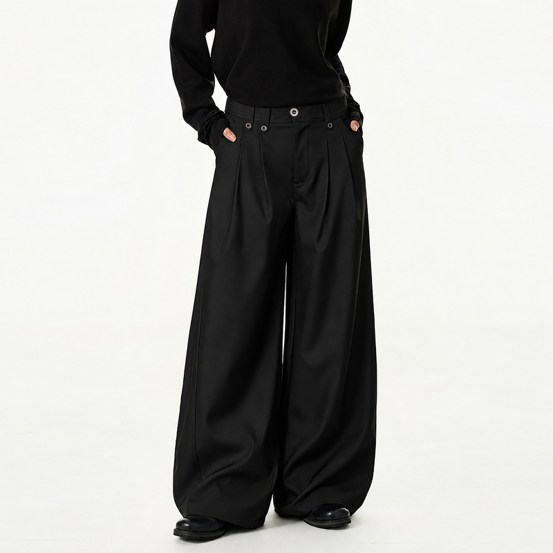 Acthbkic Slanted Waist Design Pleated Knife-Cut Trousers Unisex American-Style Loose Wide-Leg Drape Casual Pants Trendy