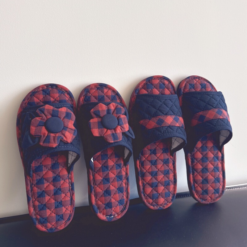 Home Plaid Pure Cotton Indoor Fabric Silent Floor Slippers for Men and Women, Couple's Household Cloth-Soled Foot-Friendly Lightweight Non-Slip Slippers