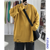 @ Fang Shao Mens Summer Korean leisure hole long sleeve T-shirt mens youth solid color wild round neck base shirt tide