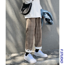 @ side less mens clothing spring checkered woolen casual pants male trend neutral retro 100 lap loose curl straight drum pants