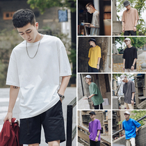  @Fangshao mens clothing Hong Kong style summer solid color round neck loose short-sleeved T-shirt mens Korean half-sleeved T-shirt bottoming shirt tide