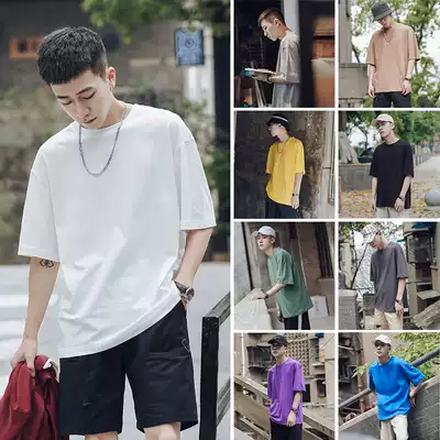 @Fangshao men's Hong Kong style summer solid color round neck loose short-sleeved T-shirt men's Korean half-sleeved T-shirt bottoming shirt tide