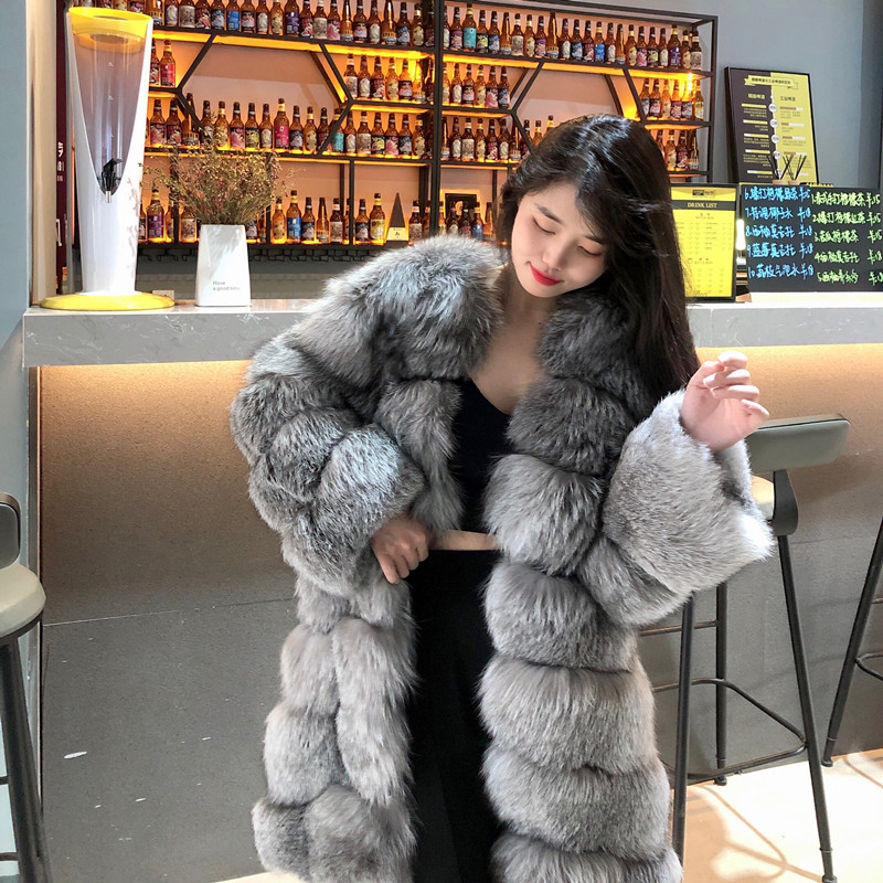 2021 winter new imported whole leather fox fur coat silver blue fox mid-length black thermal coat