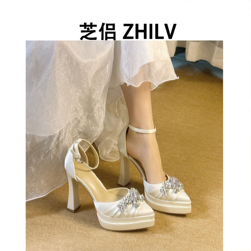 White Satin Wedding Shoes for Brides, Rhinestone Pointed-Toe High Heels for Petite Women, Waterproof Platform Shoes to Match the Dress