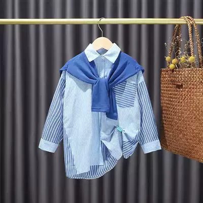 Zhongdai girl shirt long sleeve 2021 spring new children Foreign style striped shirt college style shirt dress tide