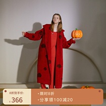 Duoduo Coco 21 Winter Thick Coral Velvet Pajamas Female Hooded Tether Printed Long Nightgown New Year Christmas Red