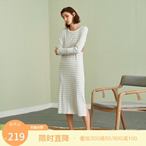 Dodo Cocoa Spring Summer Lady Knit Long Sleeves Striped Head Base Sleeping Skirt Home Dress long dress
