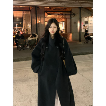 Adan 炭灰色立领双面呢大衣冬季复古韩系宽松百搭长款毛呢外套女