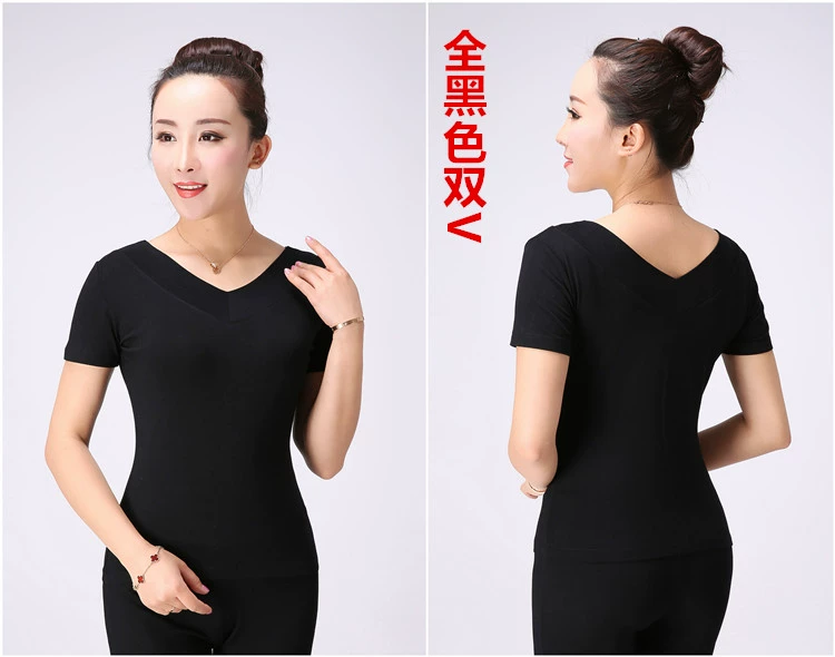 Trang phục khiêu vũ vuông Áo cổ chữ V nữ ngắn tay modal cỡ lớn quần áo yoga hình trái tim gà cổ áo tập thể dục - Khiêu vũ / Thể dục nhịp điệu / Thể dục dụng cụ váy dancesport