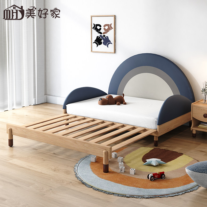 Beautiful home solid wood children's bed log color telescopic bed 1 2m push-pull boy leather bed girls single stitching bed